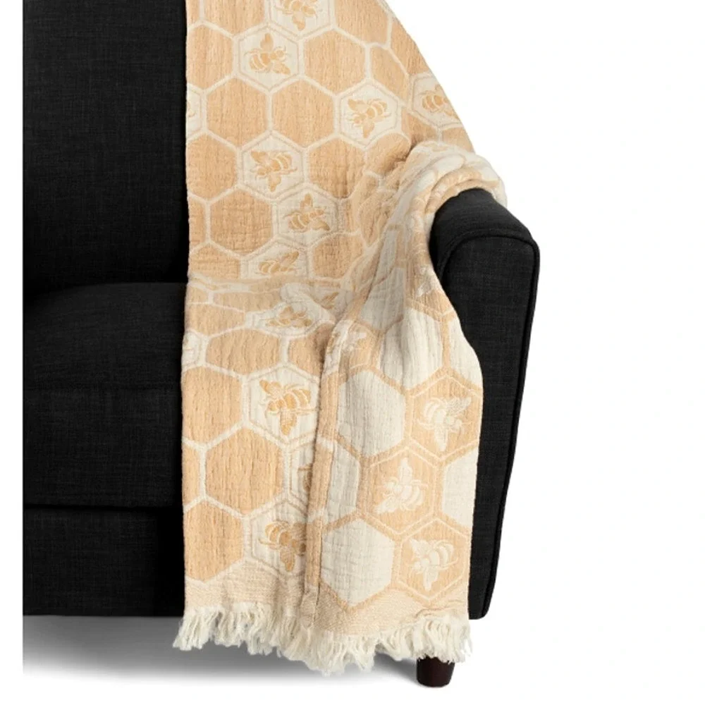Gold Bumblebee Honeycomb Throw Blanket 50x70 Cotton Made in Portugal NEW